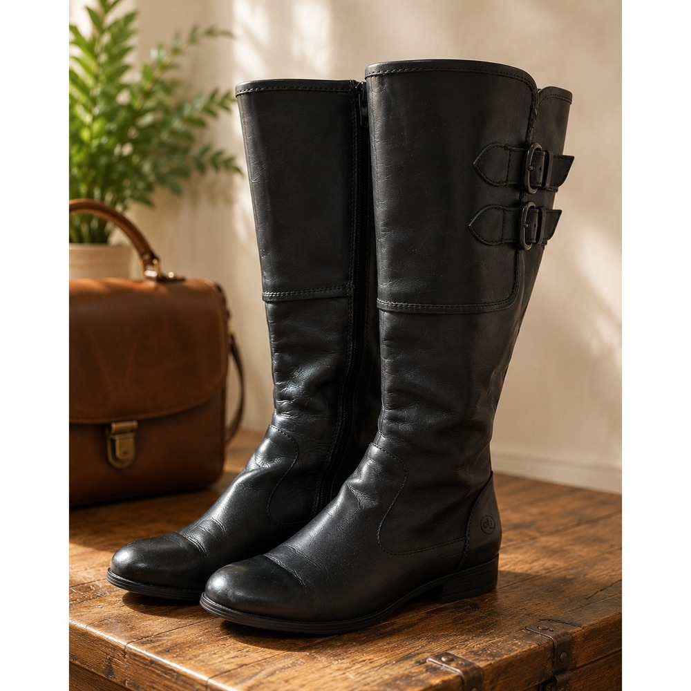 Born Black Leather Riding Boots Womens Size 8 Tall Wide Calf Side Zip Comfort
